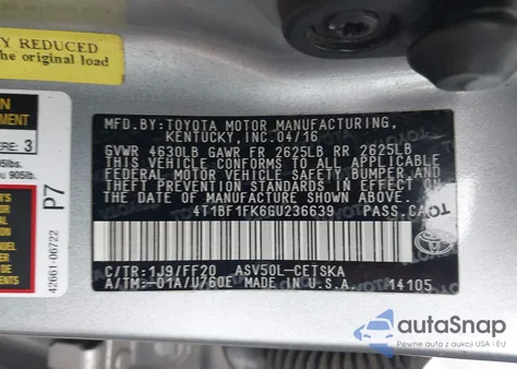 2016 Toyota Camry Se z USA, uszkodzony, nr VIN 4T1BF1FK6GU236639